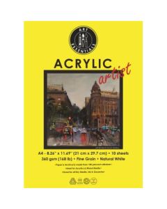 Art Essentials Arcylic Artist A4 (21 cm x 29.7 cm) Natural White Fine Grain 360 GSM 100% Cellulose Paper, Polypack of 10 Sheets