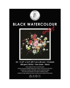 Art Essentials Black Artist Watercolour Paper - Fine Grain 320 GSM - A3 - Pad of 12 Sheets