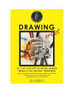 Art Essentials Drawing Artist A3 (29.7 cm x 42 cm) Natural White Fine Grain 180 GSM Paper Short- Side Glued, Pad of 30 Sheets