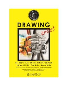 Art Essentials Drawing Artist A4 (21 cm x 29.7 cm) Natural White Fine Grain 180 GSM Paper Short- Side Glued, Pad of 30 Sheets