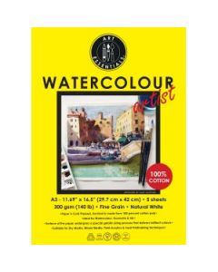 Art Essentials Watercolour Artist A3 (29.7 cm x 42 cm) Natural White Fine Grain / Cold Press 300 GSM 100% Cotton Paper, Polypack of 5 Sheets