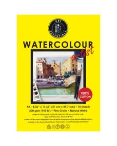 Art Essentials Watercolour Artist A4 (21 cm x 29.7 cm) Natural White Fine Grain / Cold Press 300 GSM 100% Cotton Paper, Polypack of 10 Sheets