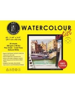 Art Essentials Watercolour Artist A3 (29.7 cm x 42 cm) Natural White Fine Grain / Cold Press 300 GSM Paper 4 Side Glued Pad (Block) of 12 Sheets