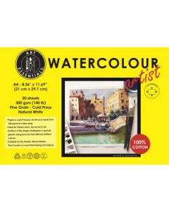 Art Essentials Watercolour Artist A4 (21 cm x 29.7 cm) Natural White Fine Grain / Cold Press 300 GSM  Paper 4 Side Glued Pad (Block) of 12 Sheets