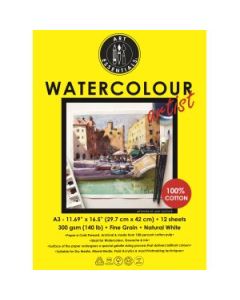 Art Essentials Watercolour Artist A3 (29.7 cm x 42 cm) Natural White Fine Grain / Cold Press 300 GSM Paper Short- Side Glued, Pad of 12 Sheets