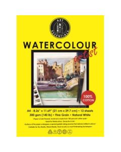 Art Essentials Watercolour Artist A4 (21 cm x 29.7 cm) Natural White Fine Grain / Cold Press 300 GSM Paper Short- Side Glued, Pad of 12 Sheets