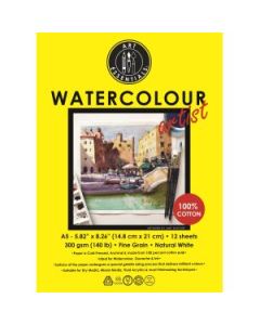 Art Essentials Watercolour Artist A5 (14.8 cm x 21 cm) Natural White Fine Grain / Cold Press 300 GSM Paper Short- Side Glued, Pad of 12 Sheets