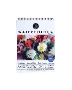 Art Essentials Watercolour Artist A4 (21 cm x 29.7 cm) Natural White Fine Grain / Cold Press 300 GSM Paper Short- Side Glued, Spiral Pad of 12 Sheets