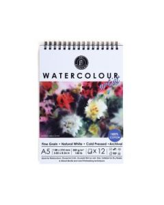 Art Essentials Watercolour Artist A5 (14.8 cm x 21 cm) Natural White Fine Grain / Cold Press 300 GSM Paper Short- Side Glued, Spiral Pad of 12 Sheets