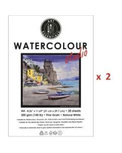 Art Essentials Watercolour Studio A4 (21 cm x 29.7 cm) Natural White Cold Press / Medium Surface 300 GSM Paper, 2 Pads of 20 Sheets