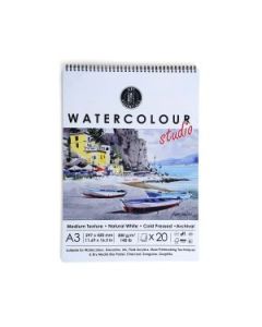 Art Essentials Watercolour Studio A3 (29.7 cm x 42 cm) Natural White Cold Press / Medium Surface 300 GSM Paper, Spiral Pad of 20 Sheets