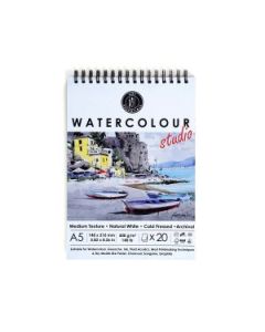 Art Essentials Watercolour Studio A5 (14.8 cm x 21 cm) Natural White Cold Press / Medium Surface 300 GSM Paper, Spiral Pad of 20 Sheets