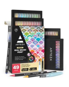 Arteza Premium Real Brush Pens - Water-Based Ink / Blendable - Assorted Set of 48