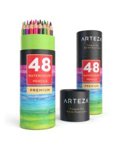 Arteza Premium Watercolours Pencils - Assorted Set of 48 - Triangular Grip - Rich & Vibrant Colours