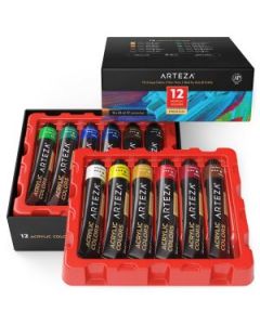 Arteza Premium Acrylic Colours - Assorted Set of 12 x 22 ML Tubes - Non Toxic - Ideal for Art & Craft