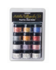 Jacquard Pearl Ex Powdered Pigments - Metallic Calligraphy - Set of 9 Colours and 3 Jars of Gum Arabic