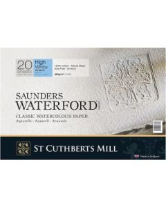 St Cuthberts Mill Saunders Waterford - 12 x 9" High White Cold Press / Medium 300 GSM - 100% Cotton Paper Glued 4 Side Pad (Block) of 20 Sheets