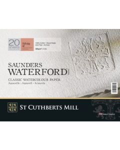 St Cuthberts Mill Saunders Waterford - 12 x 9" White Hot Press / Smooth 300 GSM - 100% Cotton Paper Glued 4 Side Pad (Block) of 20 Sheets