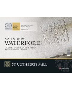 St Cuthberts Mill Saunders Waterford - 12 x 9" White Rough 300 GSM - 100% Cotton Paper Glued 4 Side Pad (Block) of 20 Sheets