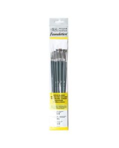 Winsor & Newton Foundation Brush Set of 6 - White Synthetic - Round (3,6), Filbert (3,6), Flat (10,14) - Long Handle