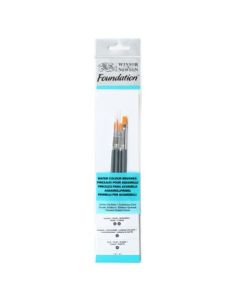 Winsor & Newton Foundation Brush Set of 4 - Golden Synthetic - Round (3,5), Filbert 2, Flat 4 - Short Handle