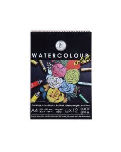 Art Essentials Black Artist Watercolour Paper - Fine Grain 320 GSM - A4 - Spiral Pad of 12 Sheets