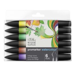 Winsor & Newton Promarker Watercolour Marker - Twin Tip (Brush + fine) - Foliage Tones Set of 6