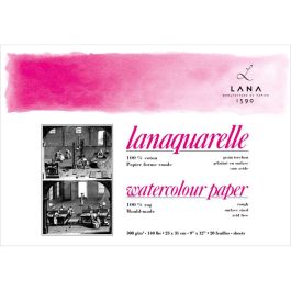 Lana Artists' Watercolour - Lanaquarelle - 23 cm x 31 cm Natural White Rough Grain 300 GSM 100% Cotton Paper, 4 Side Glued Pad (Block) of 20 Sheets