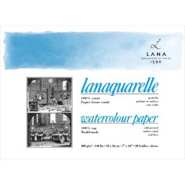 Lana Artists' Watercolour - Lanaquarelle - 18 cm x 26 cm Natural White Fine Grain / Matt Surface / Cold Press 300 GSM 100% Cotton Paper, 4 Side Glued Pad (Block) of 20 Sheets