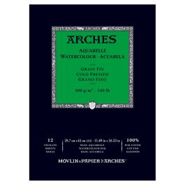 Arches Watercolour- Aquarelle - A3 (29.7 cm x 42 cm) Natural White Fine Grain / Cold Press 300 GSM Paper, Short Side Glued Pad of 12 Sheets