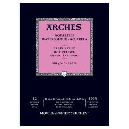 Arches Watercolour- Aquarelle - A4 (21 cm x 29.7 cm) Natural White Satin Grain / Hot Press 300 GSM Paper, Short Side Glued Pad of 12 Sheets