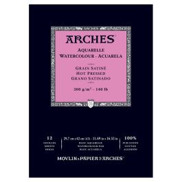 Arches Watercolour- Aquarelle - A3 (29.7 cm x 42 cm) Natural White Satin Grain / Hot Press 300 GSM Paper, Short Side Glued Pad of 12 Sheets