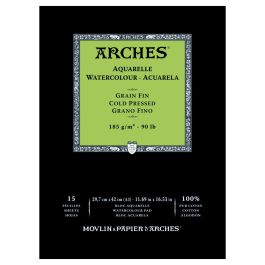 Arches Watercolour- Aquarelle - A3 (29.7 cm x 42 cm) Natural White Fine Grain / Cold Press 185 GSM Paper, Short Side Glued Pad of 15 Sheets