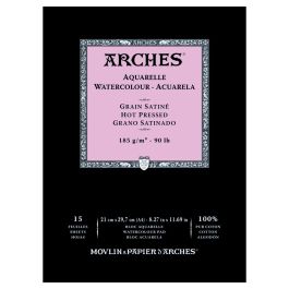 Arches Watercolour- Aquarelle - A4 (21 cm x 29.7 cm) Natural White Satin Grain / Hot Press 185 GSM Paper, Short Side Glued Pad of 15 Sheets