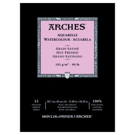 Arches Watercolour- Aquarelle - A3 (29.7 cm x 42 cm) Natural White Satin Grain / Hot Press 185 GSM Paper, Short Side Glued Pad of 15 Sheets