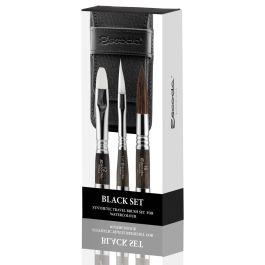 Escoda Black Synthetic Canvas Travel Brush Set – 1/4” Travel Dagger Brush in Perla, 12 Travel Bright Brush in Perla & 16 Travel Round Pointed Brush in Versatil