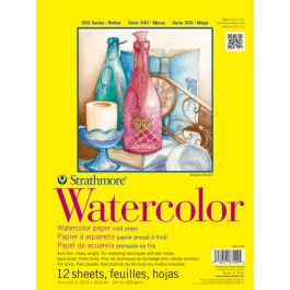 Strathmore 300 Series Watercolor 9''x12'' Natural White Medium & Smooth Grain 300 GSM Paper, Short-Side Tape Bound Pad of 12 Sheets