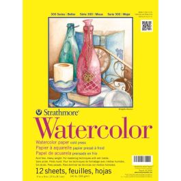 Strathmore 300 Series Watercolor 11''x15'' Natural White Medium & Smooth Grain 300 GSM Paper, Short-Side Tape Bound Pad of 12 Sheets