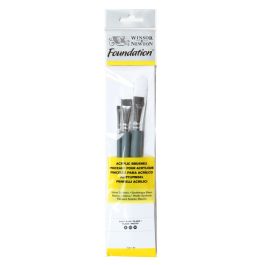 Winsor & Newton Foundation Brush Set of 3 for Acrylics - White Synthetic - Flat 4, 10, 14 - Short Handle