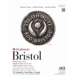 Strathmore 500 Series Bristol 11'' x 14'' Extra White Ultra- Smooth 2-Ply 100% Cotton Paper, Short Side Tape Bound Pad of 15 Sheets