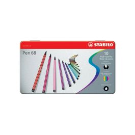 STABILO Pen 68 - Premium Colouring Felt-Tip Pen - Metal Box of 10 Assorted Colours