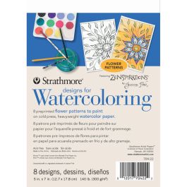 Strathmore Designs For Watercoloring - Flower 5'' x 7'' Natural White Fine Grain 300 GSM Short Side Glue Pad of 8 Sheets