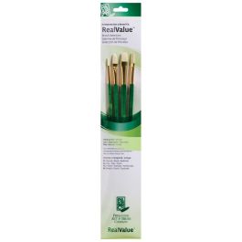 Princeton Real Value Brush Set of 4 - Natural Hair - Bristle - Round 2, Flat 4, Filbert 4, Bright 6 - Long Handle