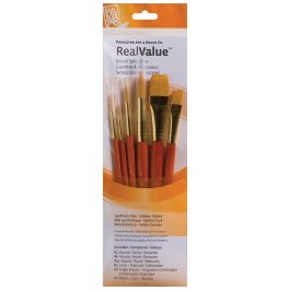 Princeton Real Value Brush Set of 6 - Synthetic Hair - Golden Taklon - Round 1, 6 & 12 Liner 2, Ang Shader 1/2, Wash 3/4 - Short handle