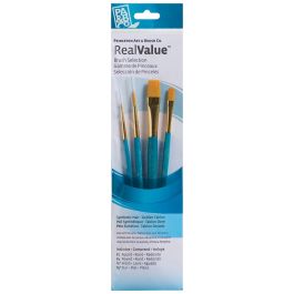 Princeton Real Value Brush Set of 4 - Synthetic Hair - Golden Taklon - Round 1 & 4, Wash 1/4, Flat 1/2 - Short handle