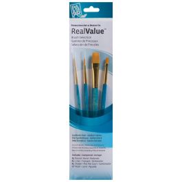 Princeton Real Value Brush Set of 4 - Synthetic Hair - Golden Taklon - Round 3, Liner 1, Shader 4, Wash 1/2 - Short handle