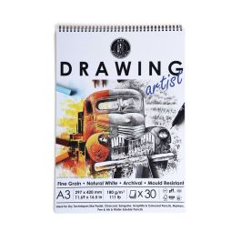 Art Essentials Drawing Artist A3 (29.7 cm x 42 cm) Natural White Fine Grain 180 GSM Paper Short- Side Glued, Spiral Pad of 30 Sheets