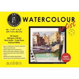 Art Essentials Watercolour Artist A3 (29.7 cm x 42 cm) Natural White Fine Grain / Cold Press 300 GSM Paper 4 Side Glued Pad (Block) of 12 Sheets