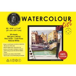 Art Essentials Watercolour Artist A4 (21 cm x 29.7 cm) Natural White Fine Grain / Cold Press 300 GSM  Paper 4 Side Glued Pad (Block) of 12 Sheets