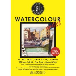 Art Essentials Watercolour Artist A5 (14.8 cm x 21 cm) Natural White Fine Grain / Cold Press 300 GSM Paper Short- Side Glued, Pad of 12 Sheets